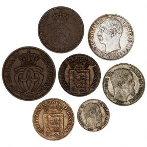 Dansk Vestindien, lille samling 7 stk. inkl. 5 cents 1859, 10 cents 1862, 1 cent 1913, 1 franc 1907 pæn etc.
