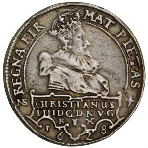 Christian IV, 12 speciedaler 1628, H 59A, bærer tydeligt præg at have været anvendt til smykke, er forgyldt og med filespor på rand etc.