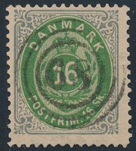 1870. 16 sk. grågrøn. PRAGT-mærke med centralt og retvendt placeret nummerstempel 68 Stege.