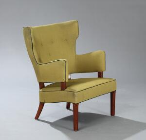 Peter Hvidt Hvilestol med stel af mahogni. Betrukket med grøn-nistret uld. Udført hos snedkermester Ludvig Pontoppidan, 1944.
