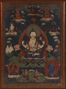To tibetanske thangaer med prydet med buddha som centerfigur. 20. årh. 73 x 50 samt 80 x 58 cm. 2