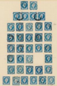 1856. Oscar. 4 skilling, blå. Gammel albumside med 36 pæne stemplede mærker incl. 4-STRIBE samt 2 mærker med BLÅ stempler.