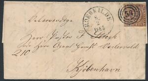 1853. 4 RBS Thiele II, sortbrun. Pænt brev til københavn, annulleret med nr.stempel 58 og sidestempel ROESKILDE 8.2.1854