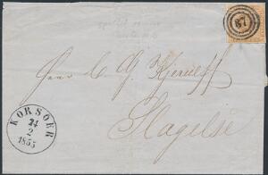 1854. 4 RBS Thiele III, gulbrun. Smukt fra KORSØR 24.2.1855, sendt til Slagelse. Annulleret med flot nr.stempel 37.