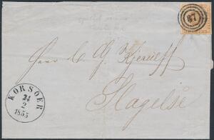 1854. 4 RBS Thiele III, gulbrun. Smukt fra KORSØR 24.2.1855, sendt til Slagelse. Annulleret med flot nr.stempel 37.