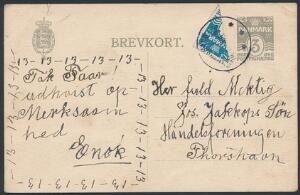 1919. HALVERET 4 ØRE, BØLGELINIE, blå. Brugt på 3 øre, helsag, BØLGELINIE, grå. Sjælden frankering på brevkort fra THORSHAVN 14.1.19.