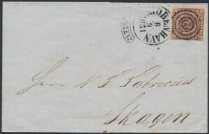 1851. 4 RBS Ferslew. Flot brev annulleret med smukt kombineret stempel KIØBENHAVN 6.9.1851, sendt til Skagen.