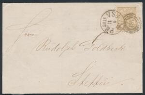 1864. 8 sk. gulbrun. Single på pænt brev til Stettin, annulleret med kombineret nr.stempel 181.