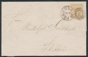 1864. 8 sk. gulbrun. Single på pænt brev til Stettin, annulleret med kombineret nr.stempel 181.