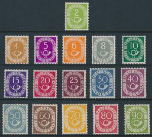 Bund. 1951. Posthorn. 2-90 Pf. Komplet sæt, postfrisk. Michel EURO 2200. Attest Schlegel BPP.