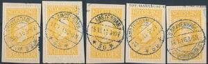 Holland. 1913. 5 Gulden, gul. 5 pænt stemplede mærker på klip.