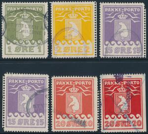 1915. 1-20 øre. 6 Pakkeportomærker, flere med eftertakning. Alle med lidt småfejl defekter. 2 attester medfølger