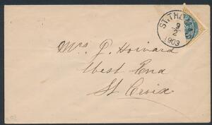 1903. HALVERET 4 Cents, gulbrunblå. Stemplet i ST. THOMAS 9.2.1903, sendt til St. Croix.