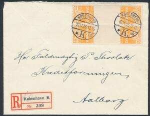 Tête-bêche. Reg. brev med 4-blok 10 øre orange med mellemstykke. Brugsbrev 10.11.1936.