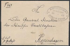 De Danske Statsbaner  Overleveret  Vamdrup Station 23.3. 1889. Fantastisk brev sendt fra Flensburg til København uden om Postvæsenet. Kun med jernbane.