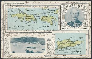 1903. Jubilee 1863-1903. Chr.IX. Et meget dekorativt postkort. Kortet sendt til Berlin, og frankeret med par 1 cent, Våben, grøn, stemplet i ST. THOMAS 14.12.19