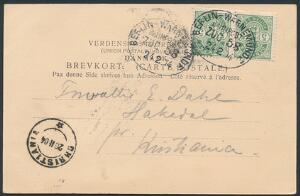 1902. 5 øre parstykke på brevkort fra Gedser Færgehal. Anulleret med tysk bureaustemepl BERLIN-WARNEMÜNDE. 24.2.1904. Sendt til Norge