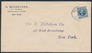 1907. Fr.VIII. 25 Bit, blå. Single på brev til NEW YORK, annulleret i ST. THOMAS 2X.3.1912.