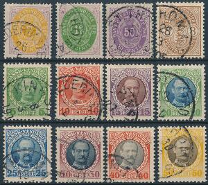 1873-1907. 12 bedre mærker i nydelig stemplet kvalitet, bl.a. pæn 50 cent, violet.