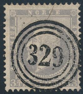 1856. Oscar. 3 skilling, lillagrå. PRAGT-mærke med retvendt nr.stempel 329 Vadsø.