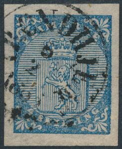 1855. 4 skilling, blå. Pænt mærke med BYSTEMPEL TRONDHEIM