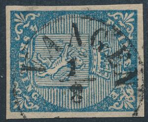 1855. 4 skilling, blå. Annulleret med BYSTEMPEL VAAGEN. Minimal tyndhed.