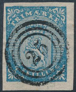 1855. 4 skilling, blå. Smukt mærke med nr.stempel 25 Bergen.