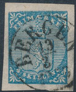 1855. 4 skilling, blå. Pænt mærke med BYSTEMPEL BERGEN.