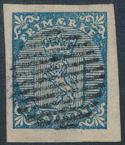 1855. 4 skilling, blå. Smukt mærke med velplaceret 12-stregs-stempel.