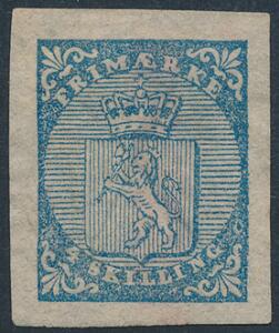 1855. 4 skilling, blå. Bredrandet ustemplet mærke, med fjernet blæk-annullering.