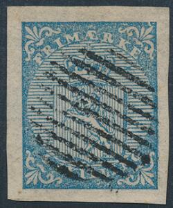 1855. 4 skilling, blå. Smukt mærke med velplaceret 11-stregs-stempel.