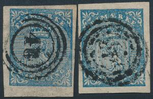 1855. 4 skilling, blå. 2 pæne mærker med nr.stempler.