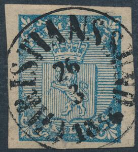 1855. 4 skilling, blå. PRAGT-mærke med retvendt bystempel CHRISTIANIASSUND 26.3.1856.