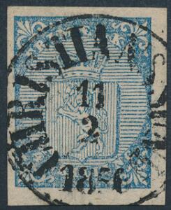 1855. 4 skilling, blå. PRAGT-mærke med retvendt bystempel CHRISTIANIASSUND 11.2.1856.