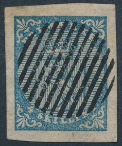 1855. 4 skilling, blå. PRAGT-mærke med knivskarpt 12-stregsstempel.
