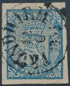 1855. 4 skilling, blå. Smukt mærke med bystempel TRONDHEIM 12.6.1855