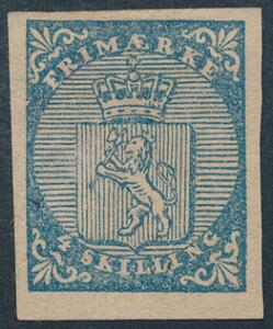 1855. 4 skilling, blå. Ubrugt mærke, uden gummi. Formentlig med fjernet blæk-annullering
