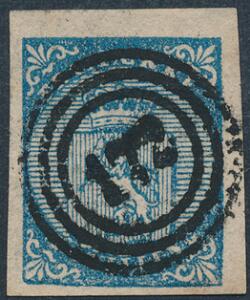 1855. 4 skilling, blå. Smukt mærke med nr.stempel 172 Laurvig.