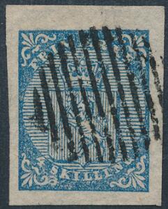 1855. 4 skilling, blå. Smukt mærke med pæne rande.