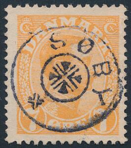 1918. Chr. X, 7 øre, orange. PRAGT-mærke med helt perfekt placeret stjernestempel SØBY.