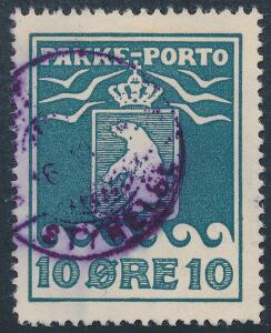 1937. Schultz, 10 øre, grønblå. Violet stålstempel 16.VI.38. AFA 1800