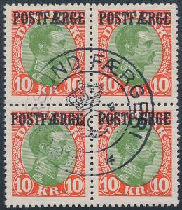 1930. Chr.X, 10 kr. rødgrøn. LUX-stemplet fireblok. AFA 4000