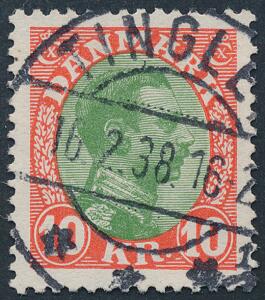 1927. Chr. X, 10 kr. rødgrøn. Usædvanligt stempel TINGLEV 16.2.38