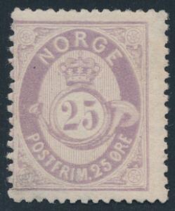 1877. Posthorn. 25 øre, lysviolet. Ubrugt. NK 1700