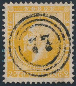 1856. Oscar. 2 skilling, orangegul. Smukt mærke, med velplaceret nr.stempel 77 Frederiksværn.
