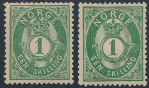 1872. Posthorn. 1 skilling, blågrøn. 2 pæne ubrugte mærker. Begge fint hængslede med fuld originalgummi.