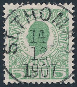 1905. Chr.IX. 5 Bit, grøn. Med perfekt retvendt stempel ST. THOMAS 14.12.1907. LUXUS.