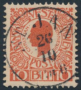 1905. Chr.IX. 10 Bit, rød. PRAGT-mærje med retvendt stempel ST. JAN 26.10.