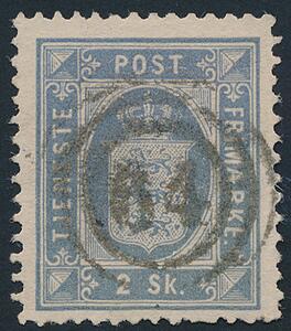 1871. 2 skilling, blå. PRAGT-mærke, annulleret med retvendt nr.stempel 64 Skive.