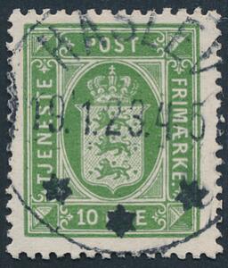 1921. 10 øre, grøn. PRAGT-mærke med retvendt stempel HASLEV 19.1.23. Et sjældent mærke i pragt-stemplet kvalitet